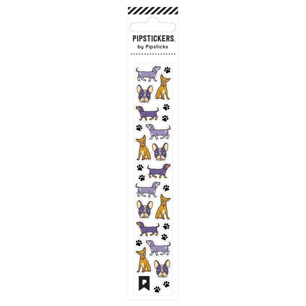 White background with images of purple and yellow dogs with black paw prints. 