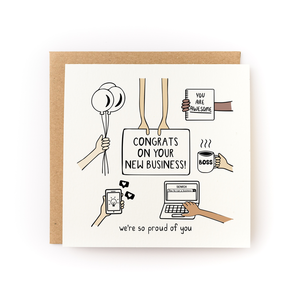 Square white card with black text saying, "Congrats On Your New Business! We're So Proud of You". Images of balloons, a laptop, boss mug, cell phone and notebook. A brown envelope is included.