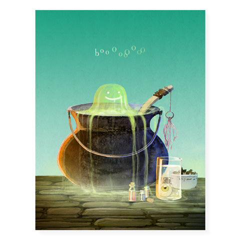 Teal card with white text saying, "Boooooo". Image of a black caldron with a green ghost coming out of it.  An envelope is included.