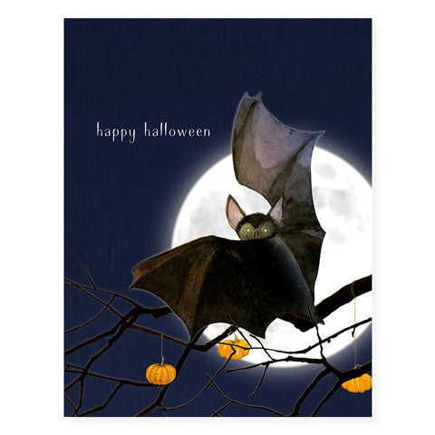 Dark blue card with white text saying, "Happy Halloween". Image of night sky with full moon and a black bat sitting on a branch. An envelope is included.
