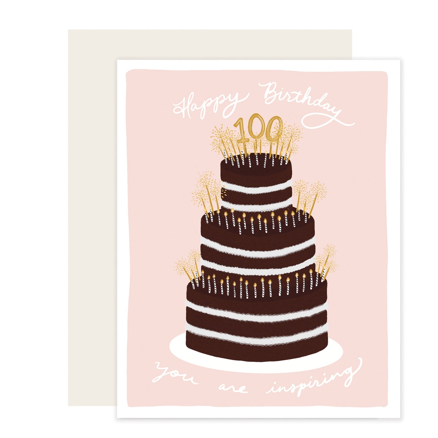 Pink card with white text saying, “Happy Birthday You Are Inspiring”. Images of a three tier chocolate birthday cake with white and gold candles and a 100 gold cake topper. An ivory envelope is included.