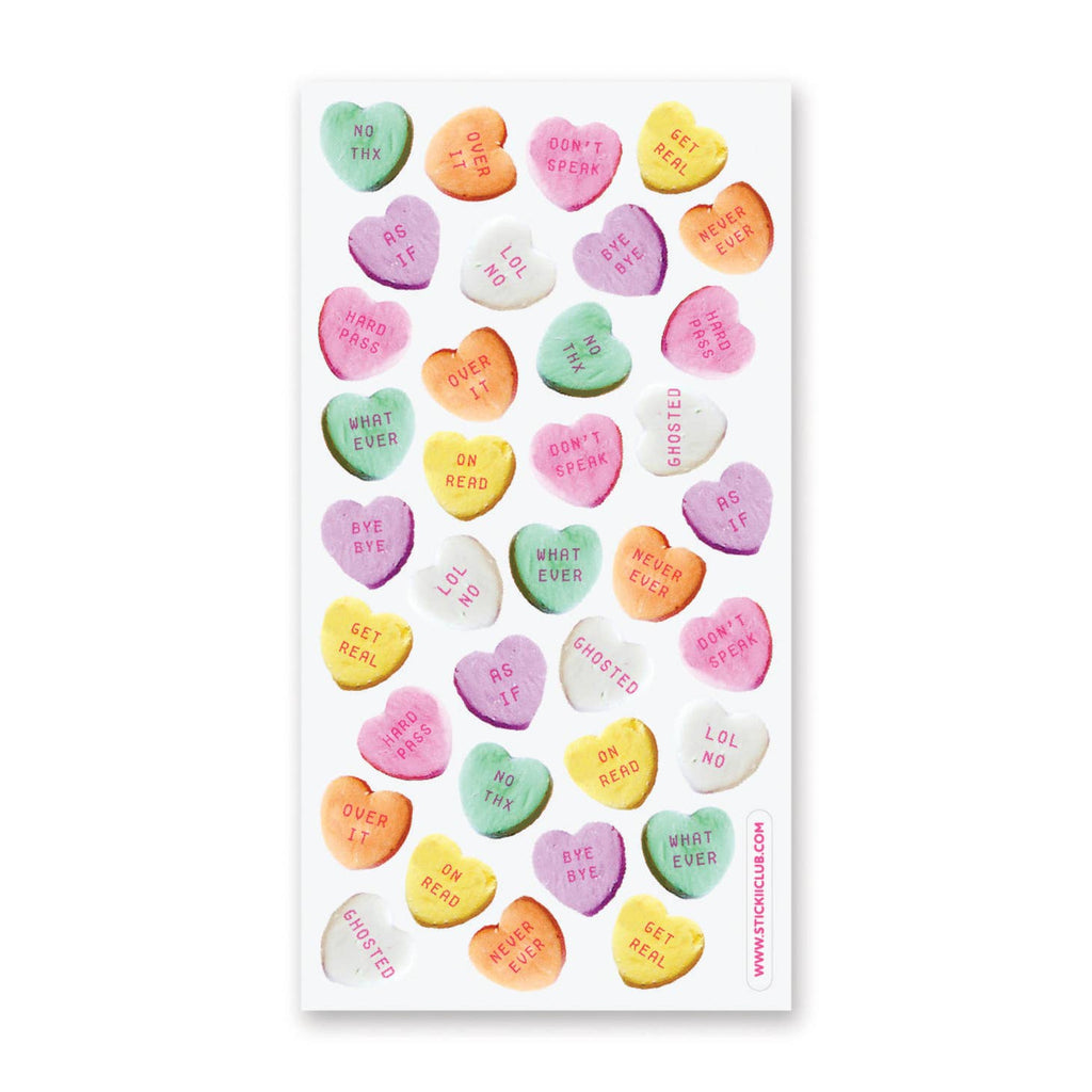 White background with small hearts in green, pink, white, yellow, orange and purple. Red text on hearts says, “Get real, never ever,  as if, no thx, over it”.   