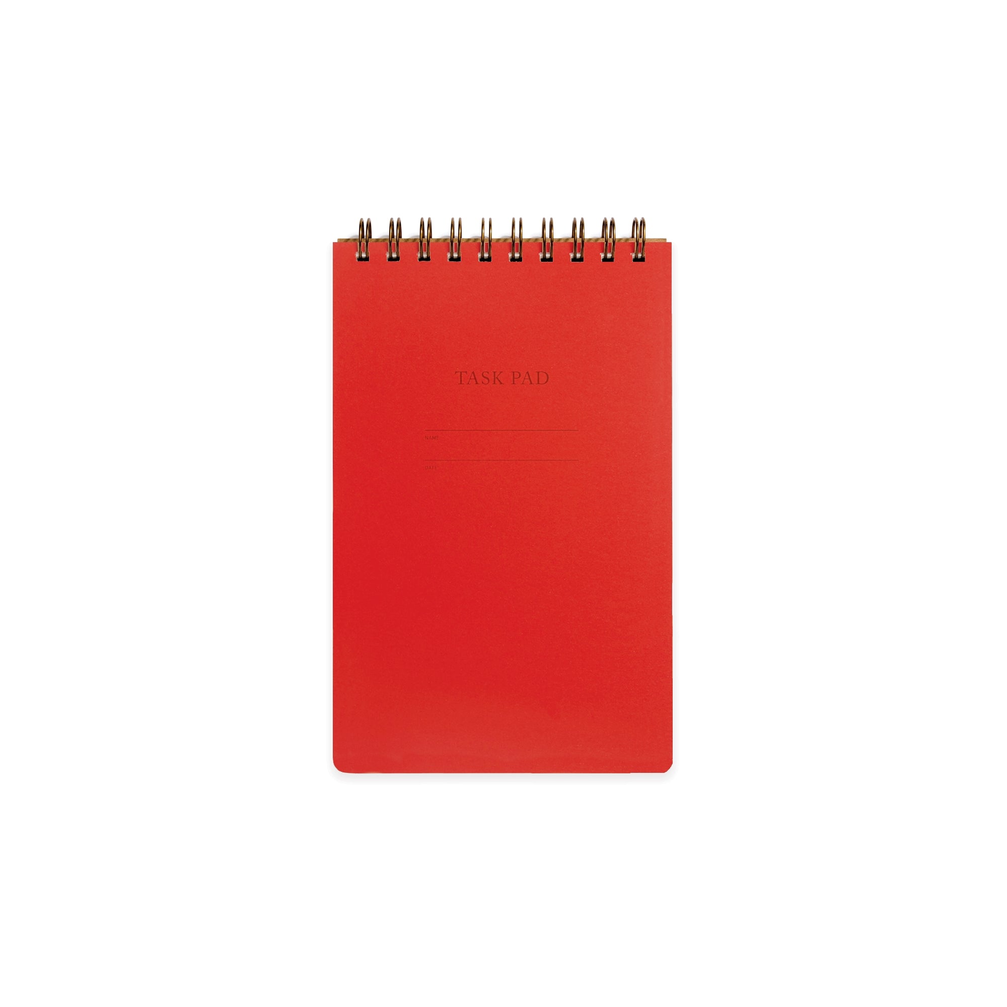 Image red with letter pressed text says, “Task pad”. “Name” and “Date” with lines for writing. Coiled binding on top.