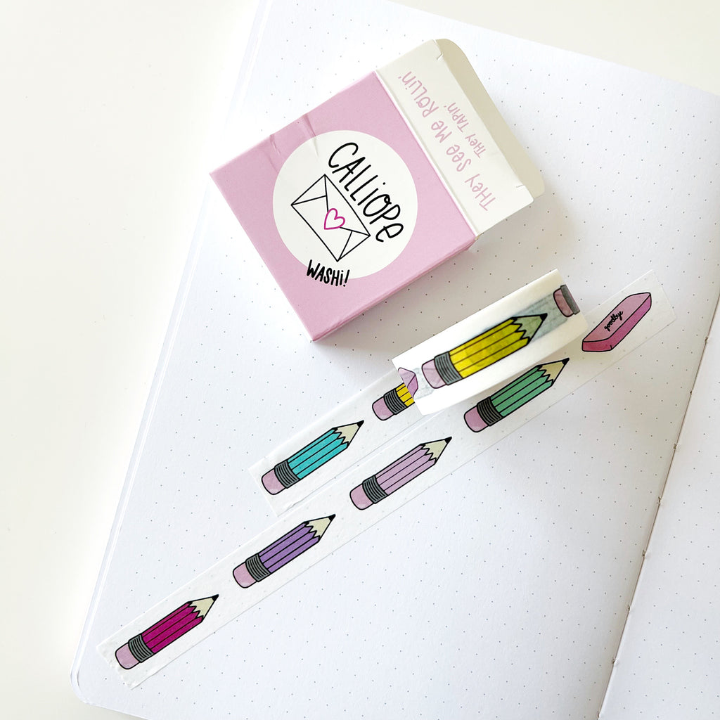 Image of Washi tape with white background and image of pencils in various colors. 