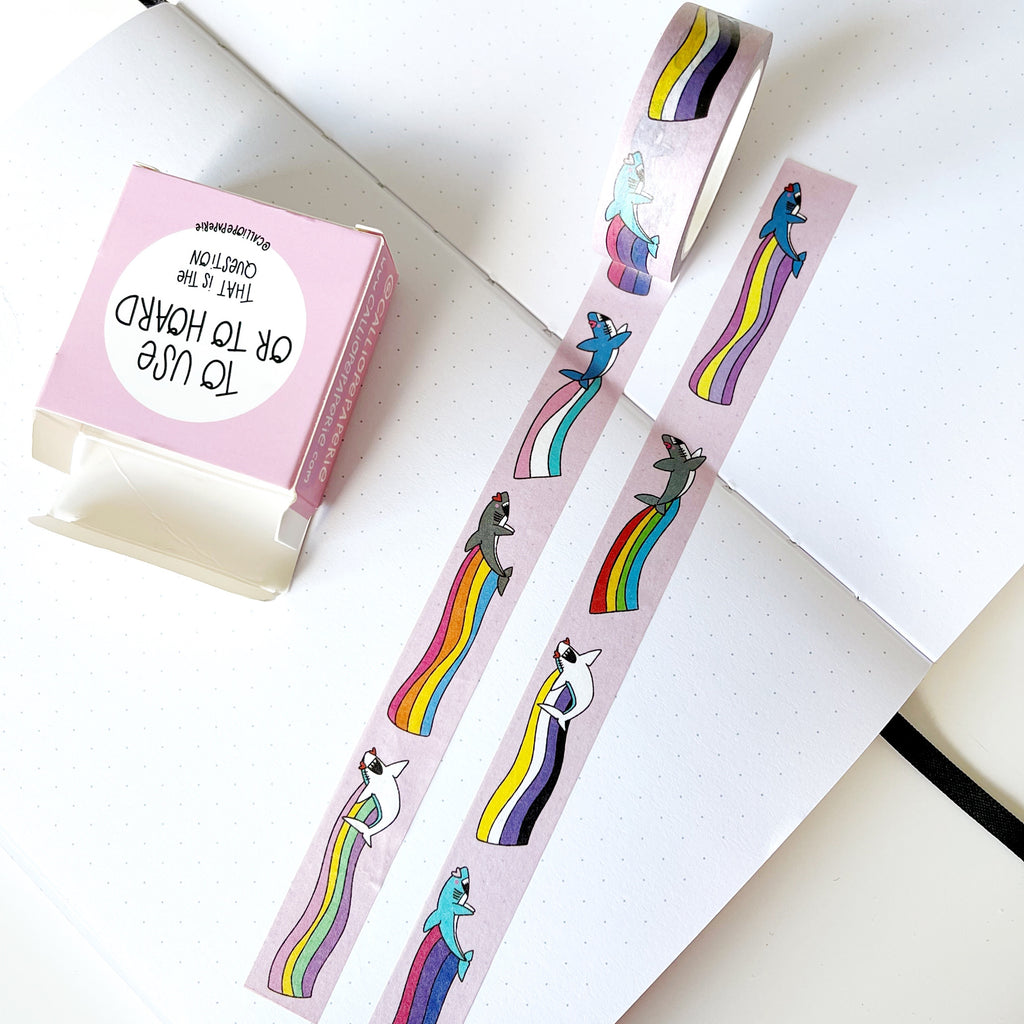 Image of Washi tape with images of sharks with pride flags. 