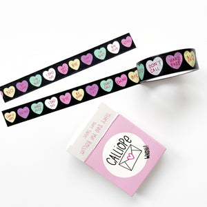 Image of Washi tape with black background with pastel  colored hearts with phrases, "No", "Ew no", "I said no", "be gone", and "don't call". 