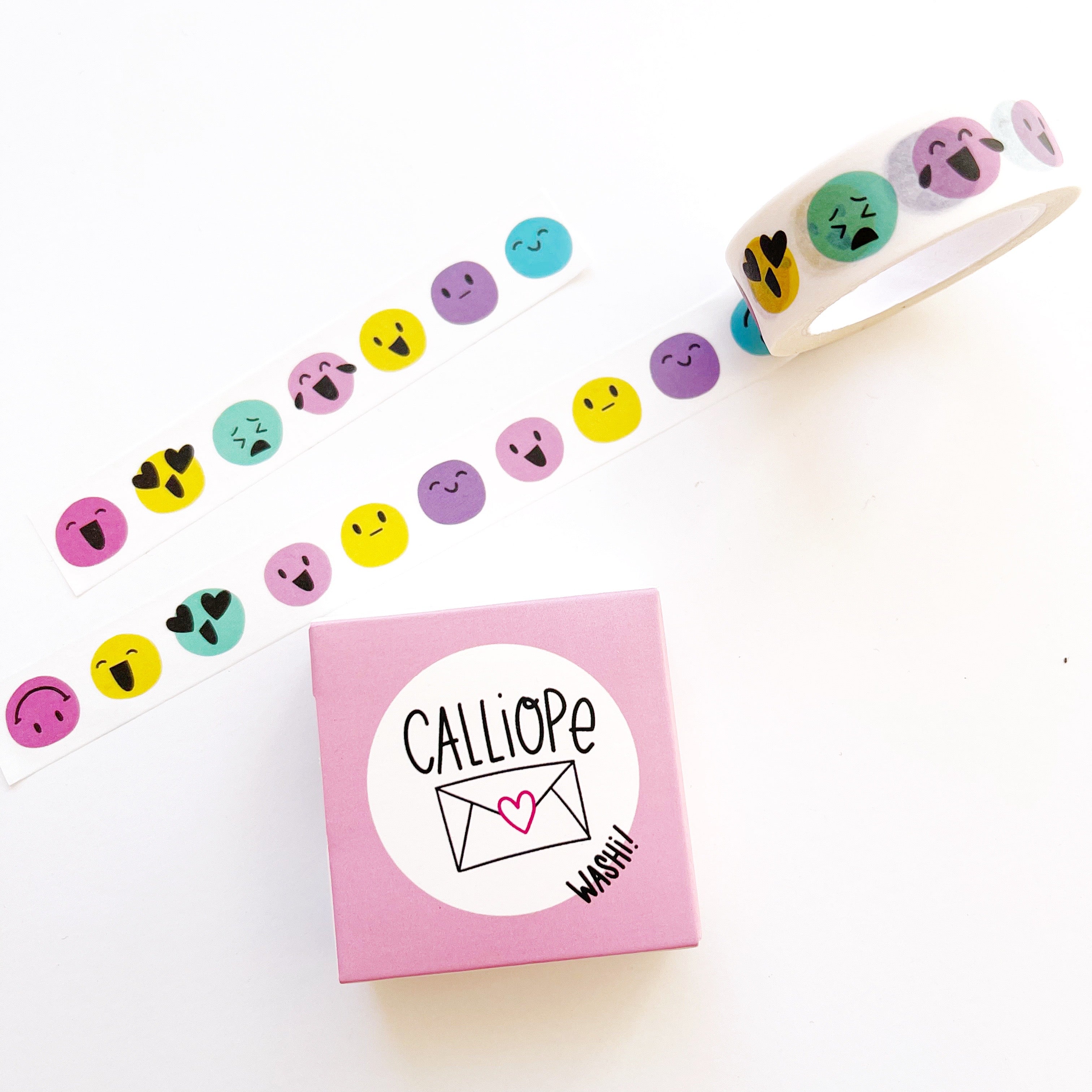 Image of Washi tape with white background with images of emotional emojis. 