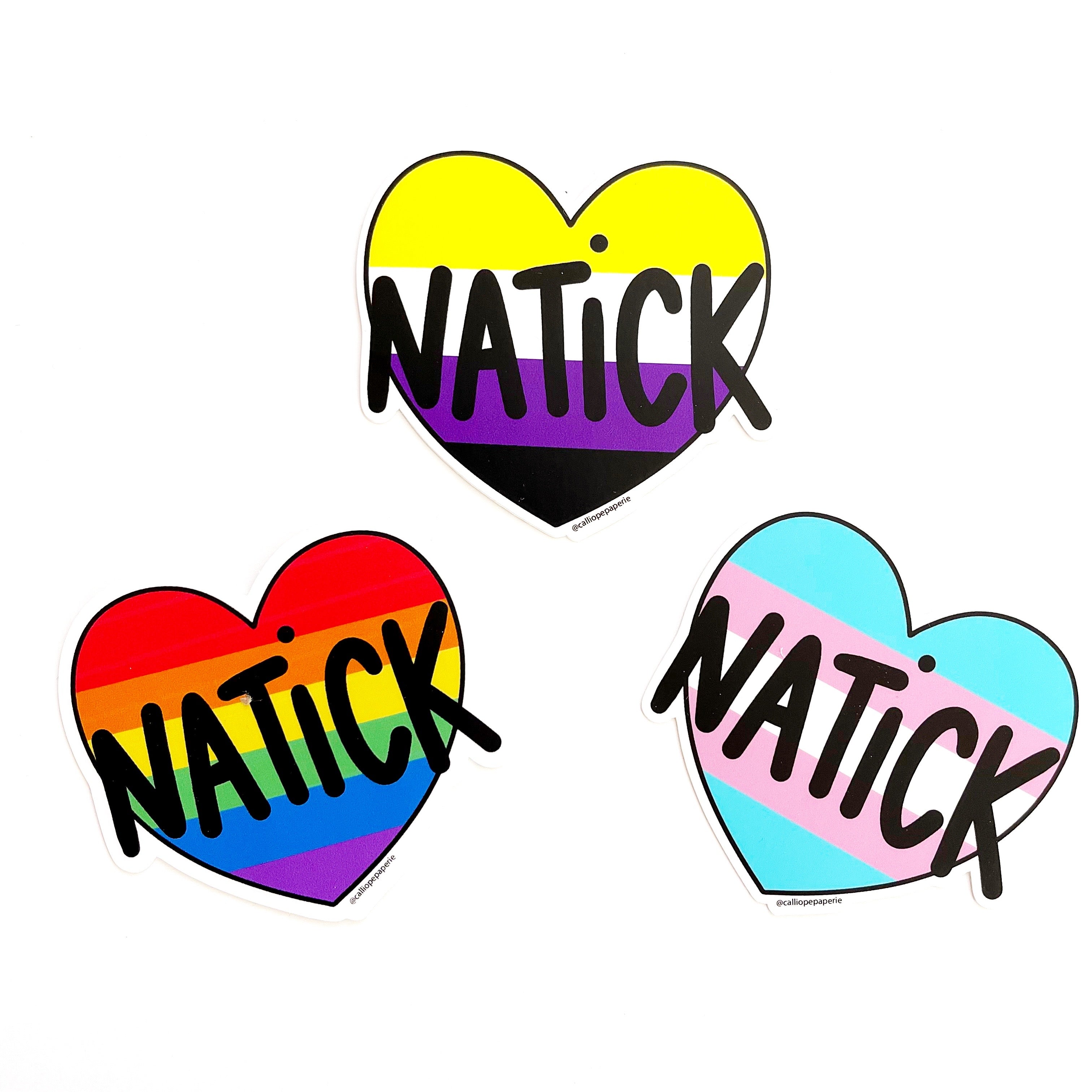 Images of three hearts, one with yellow, white, purple and black stripes, one rainbow stripes and one with blue, pink and white stripes wot black text says, "Natick". 