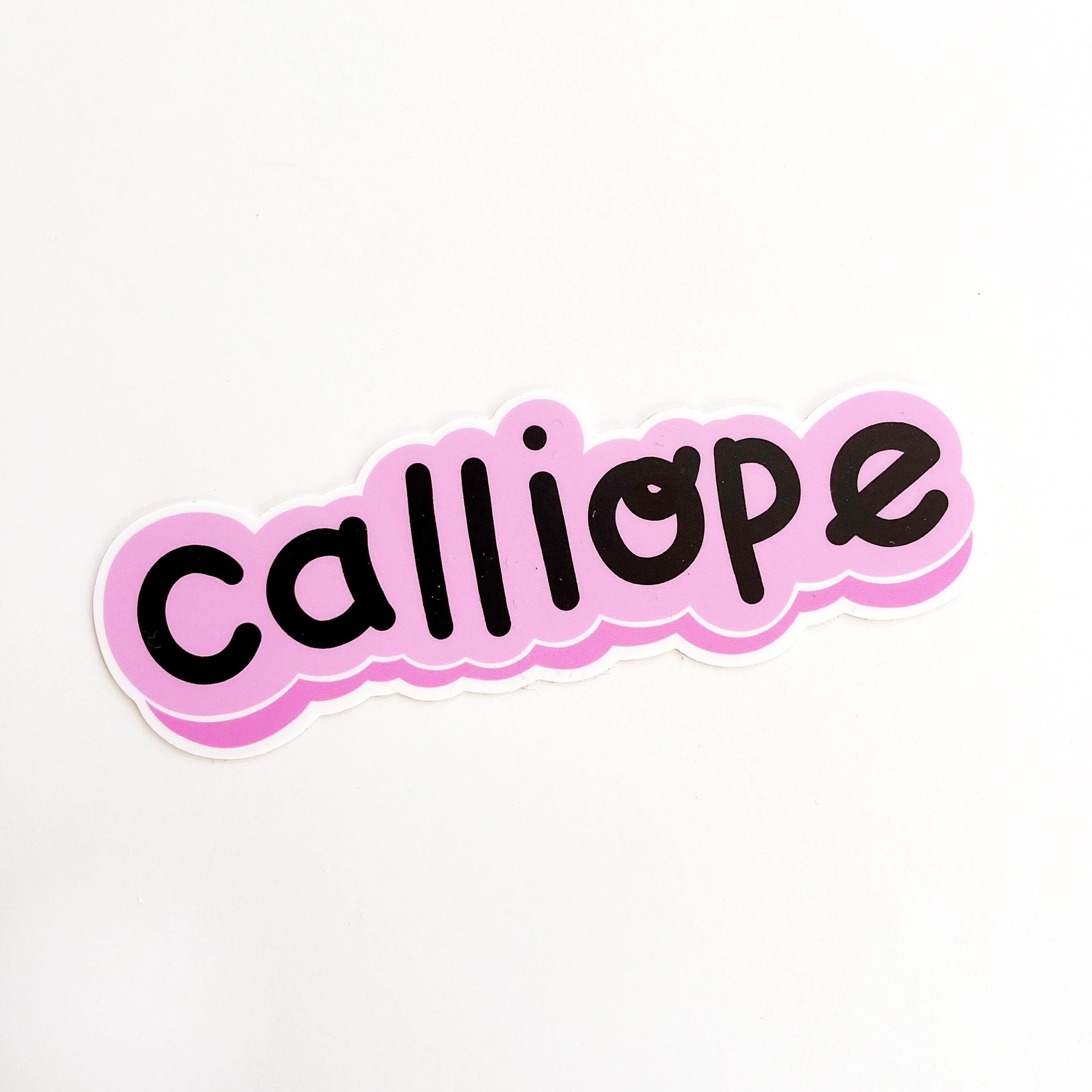 Pink background with shadow of brighter pink on bottom and white outline of image with black text says, “Calliope”.  