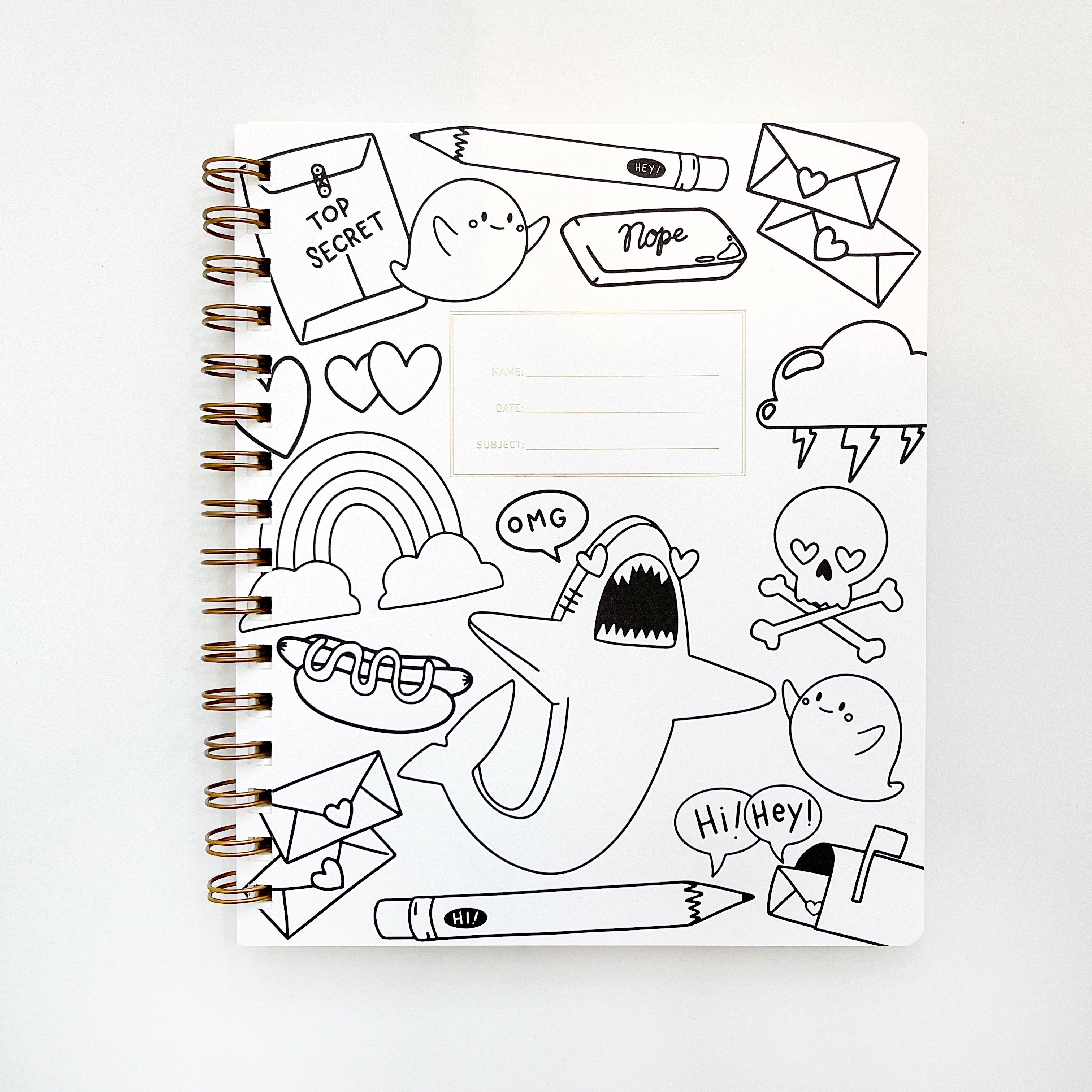 Image of notebook cover with white background and black outlines of shark, cloud, letters, pencil, skull, mailbox, eraser and hot dog. 