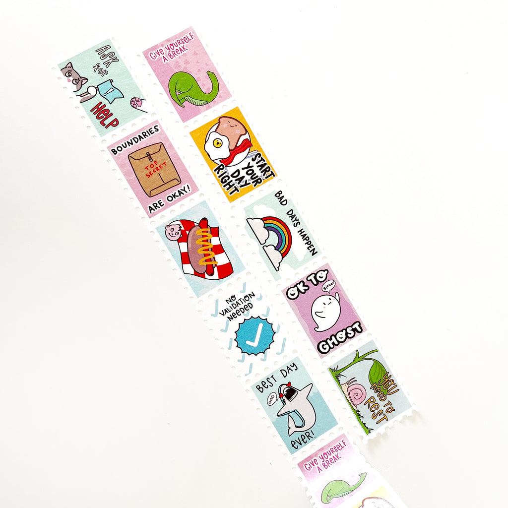 Image of stamp washi tape with images of different pep talks in black text including, "ask for help" with image of kitty holding up a flag, "Boundaries are okay!" with a top secret envelope, "No validation needed" with a checkmark, "Ok to ghost" with a little ghost. 