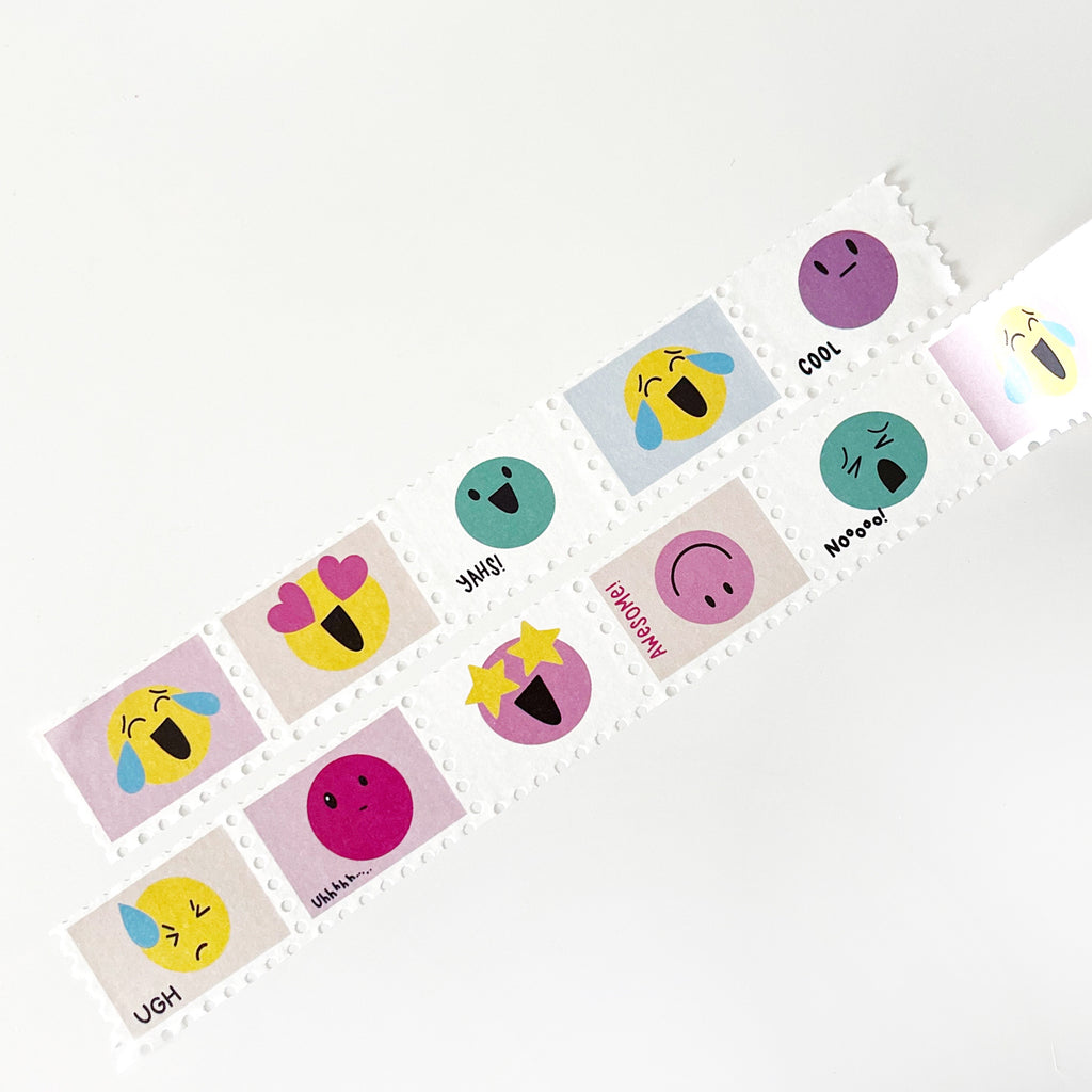 Image of stamp Washi tape with pink and white background with images of emotional emojis. 
