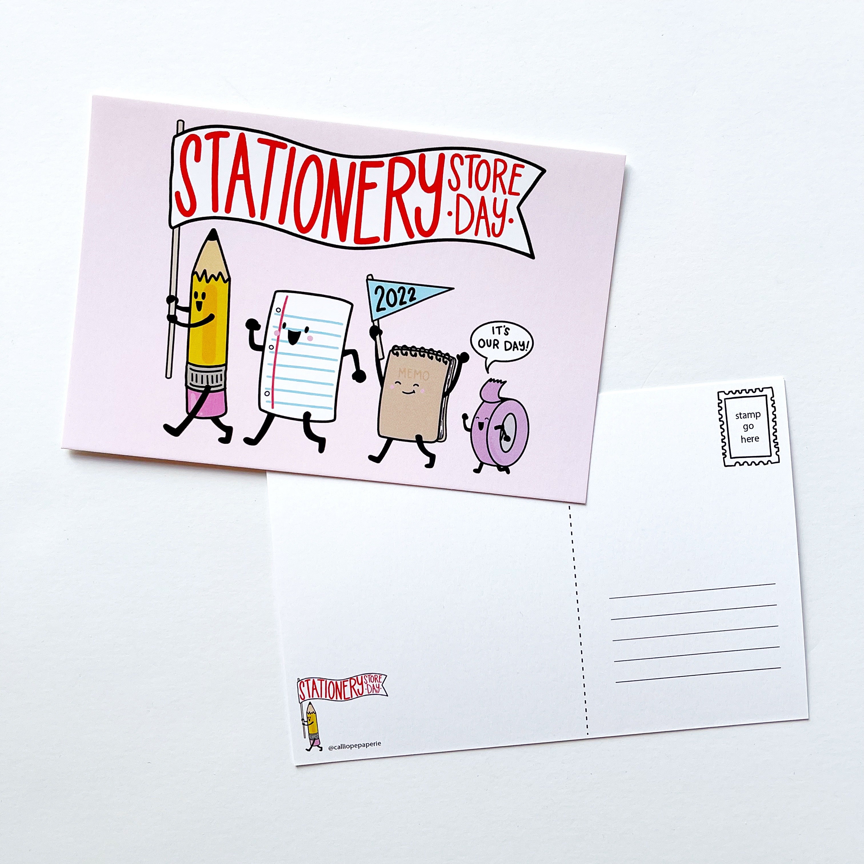 Image of postcard with pink background and images of stationery store day parade of characters, reverse side of postcard has white background and black lines for address on right and blank are on left for messages.