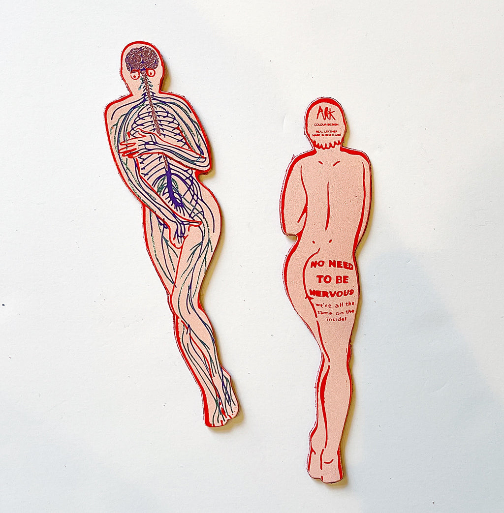 Image of two human bodies with peach background and red, blue, and black lines representing the nervous system and gold foil brain. Reverse side of the image has red outlines of body details and red text says, “No need to be nervous, we’re all the same on the inside”.  