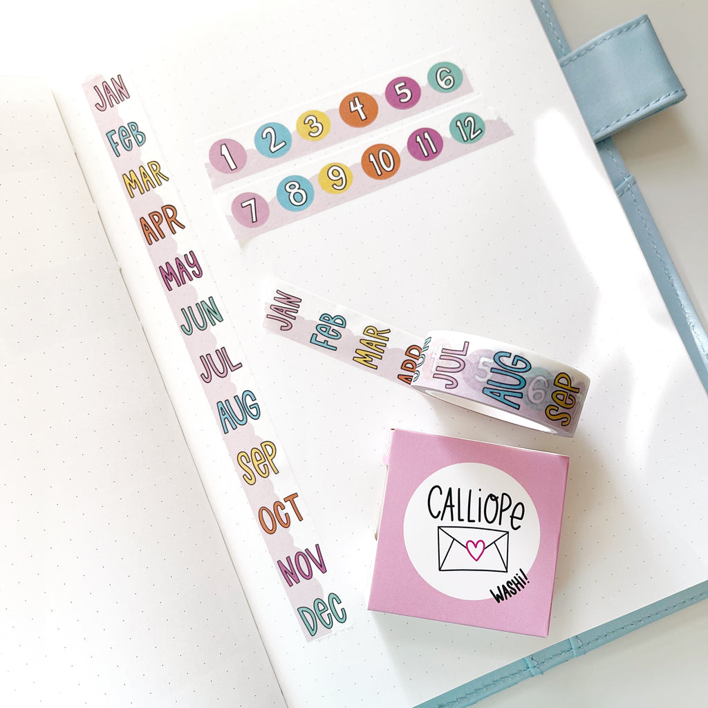 Image of Washi tape with months of the year in abbreviated form and numbers 1-10 in pastel colors. 