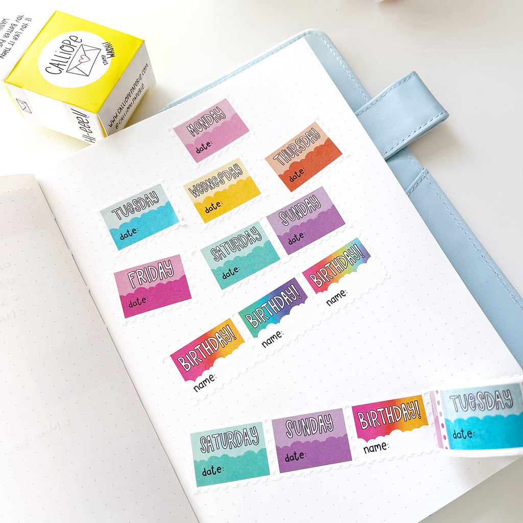 Image of stamp Washi with days of the week on each and space to write the date. 