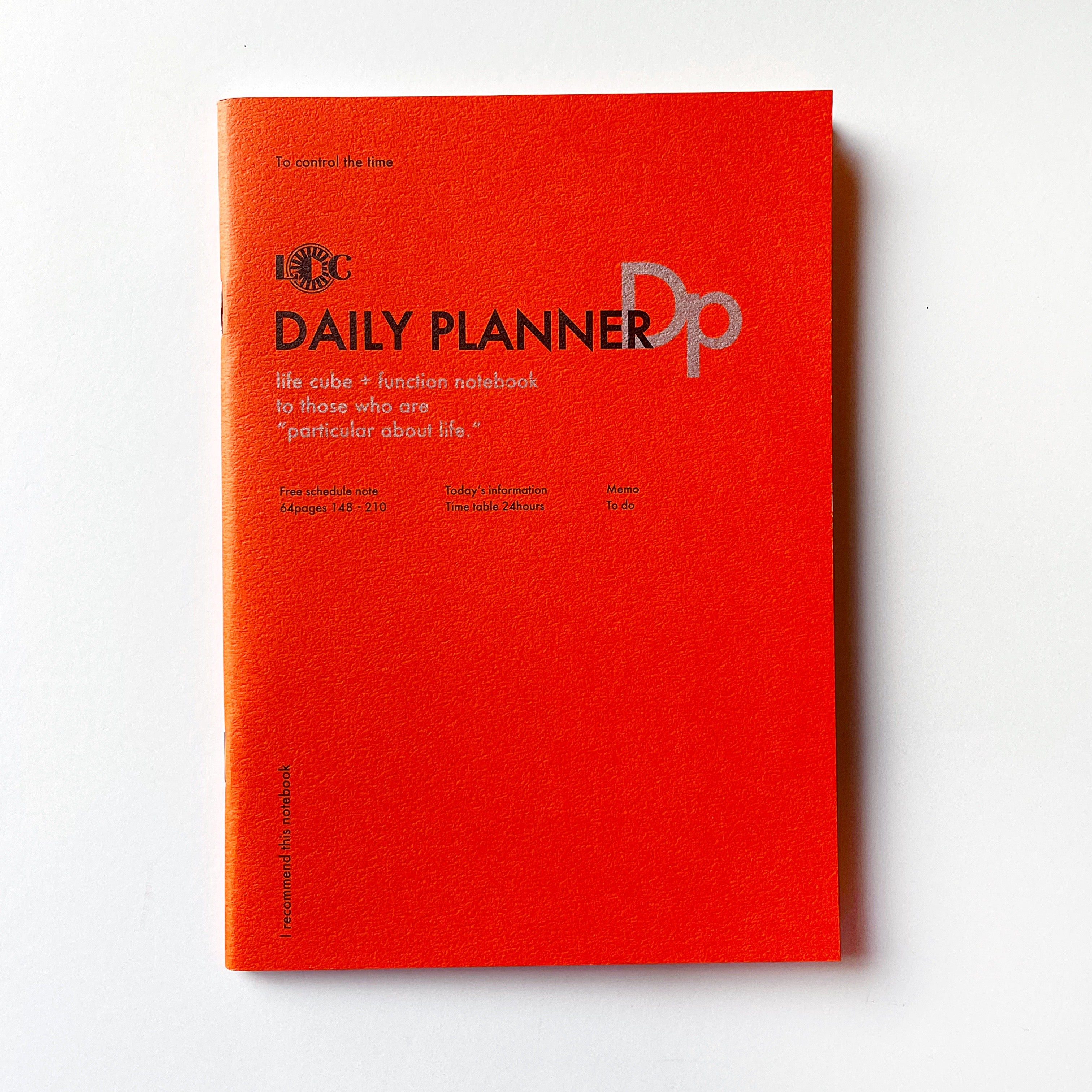 Red background with black text says, “Daily Planner” and grey text says, “life cube + function notebook, to those who are ‘particular about life’. “