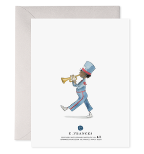 Back of white card with image of band member trumpet player. A purple envelope is included.