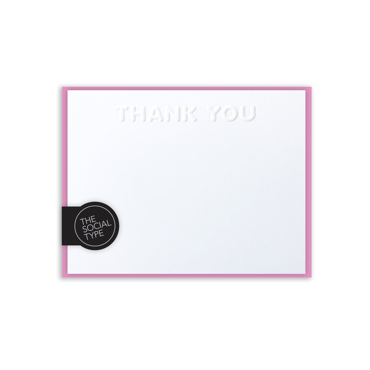 White card with embossed "Thank you" and pink envelopes.