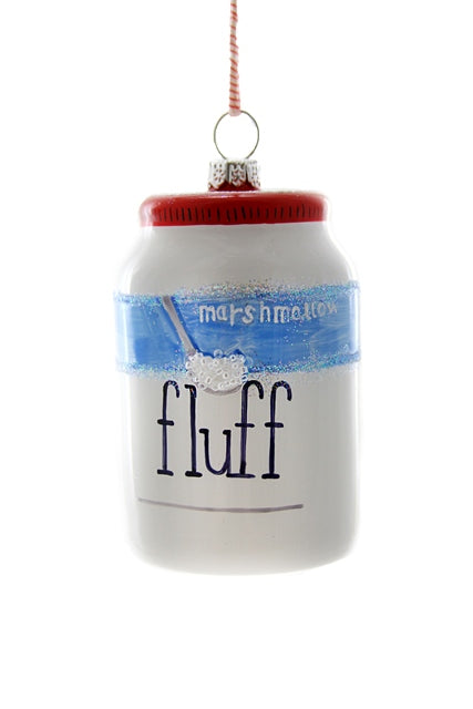 Image of a jar of fluff with black text says, "Fluff". 