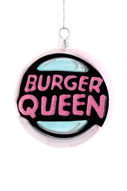 Image of circle ornament with pink glitter text says, "Burger  Queen".