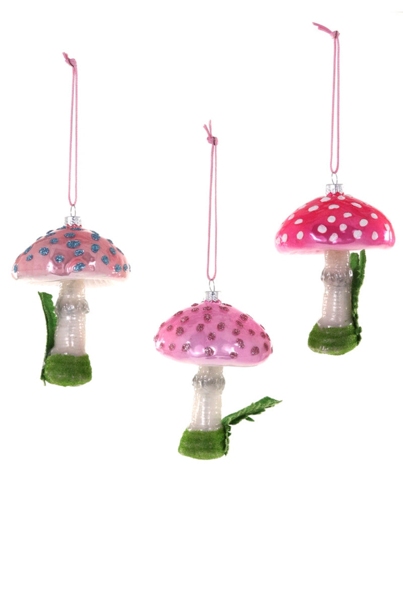 Image of three mushrooms. One with pink top and blue dots, one with pink top with purple dots and one with pink top and white dots. 