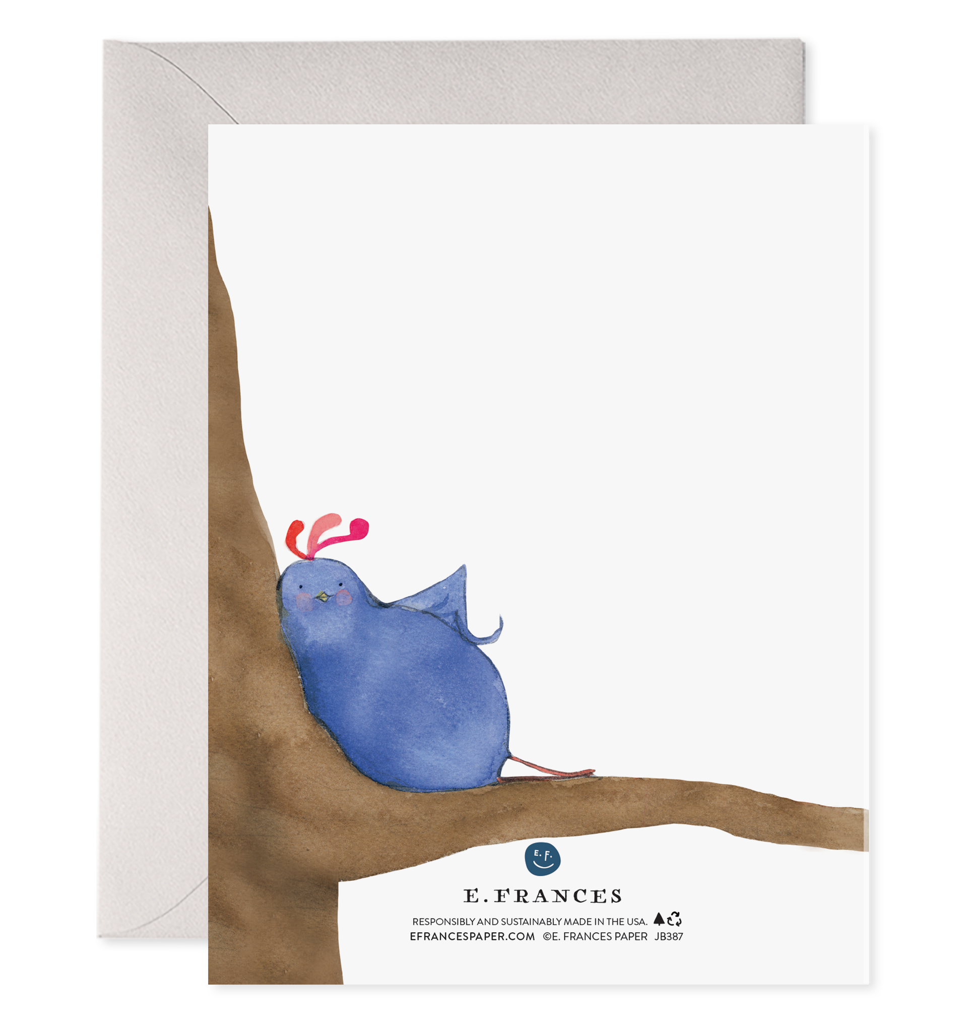 White background with an image of a blue bird with red feathers on its head laying on a branch in a brown tree.     