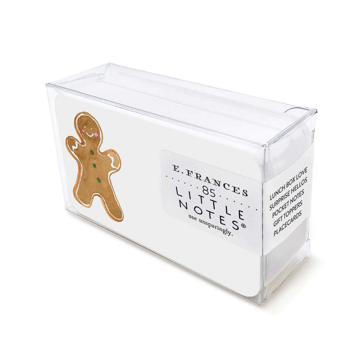 Image of a box of little notes. Card has a white background with image of a gingerbread person on the left side of the card.  