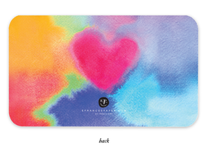 Reverse side of notecard has image of bright pink heart surrounded by rainbow colors in tie-dye pattern.