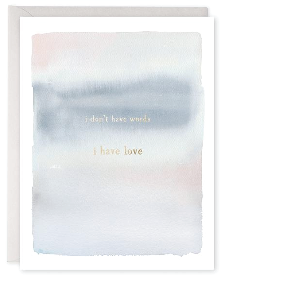 White card with silver text saying, “I Don’t Have Words I Have Love”. Images of purple and white water color design. A purple envelope is included.