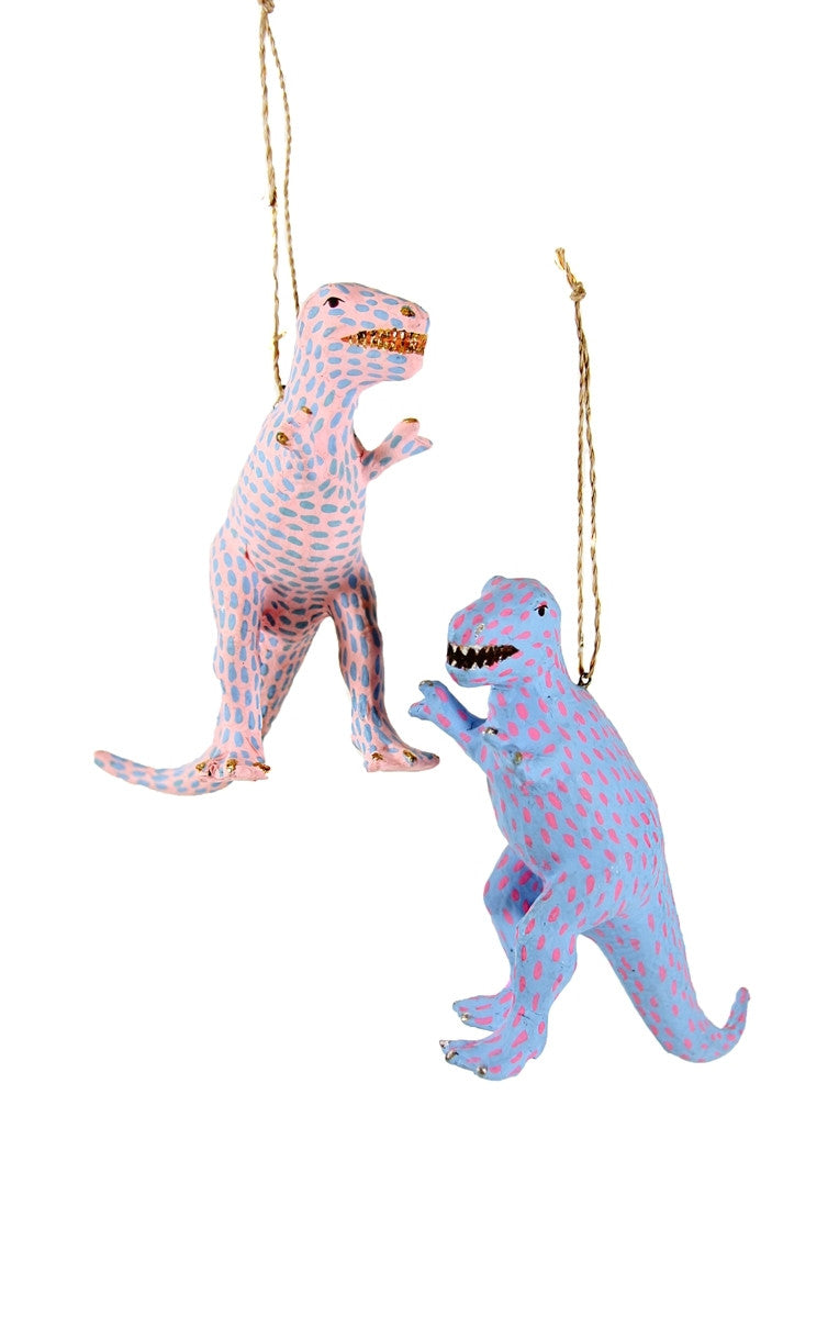 Images of two T-Rex dinosaurs in Pink with blue specks and blue with pink specks. 