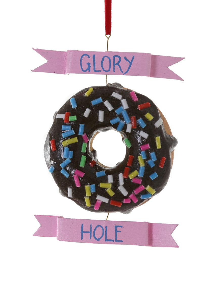 Image of chocolate sprinkles donut with pink banner above in blue text says, "Glory" and pink banner below in blue text says, "Hole". 