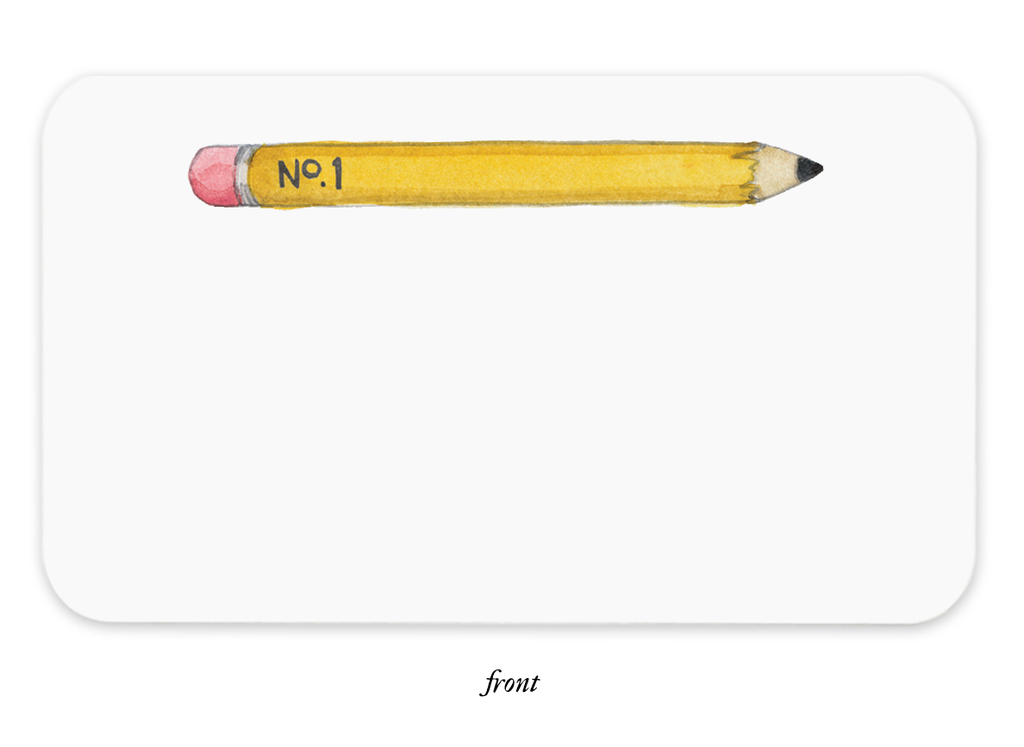 Image of the reverse side of the little note. Image of a yellow pencil with a pink eraser and black point. Black text says, “No. 1”. 