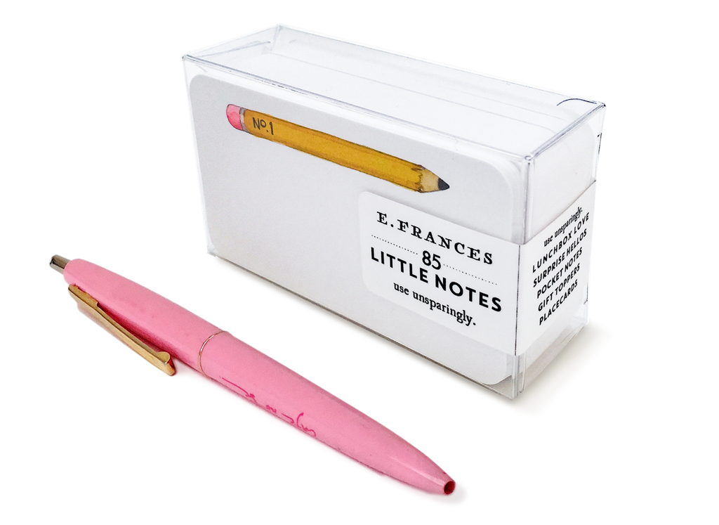 Image of a box of little notes. Image of a yellow pencil with a pink eraser and black point. Black text says, “No. 1”.  A pink pen in the image to show size of cards by comparision.