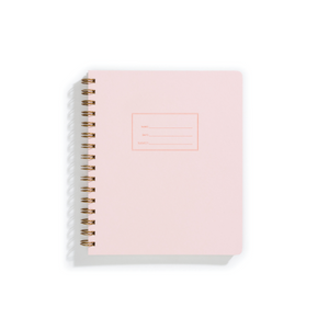 Image pink cover with letter pressed text says, “Name” and “Date” with lines for writing in a rectangle. Coiled binding on left side.