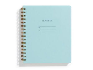 Image of pool cover with letter pressed text says, “Planner”. “Name” and “Date” with lines for writing. Coiled binding on left side.
