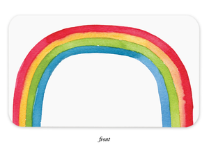 . Image of note card has white background with an image of a rainbow in red, yellow, green, and blue. 