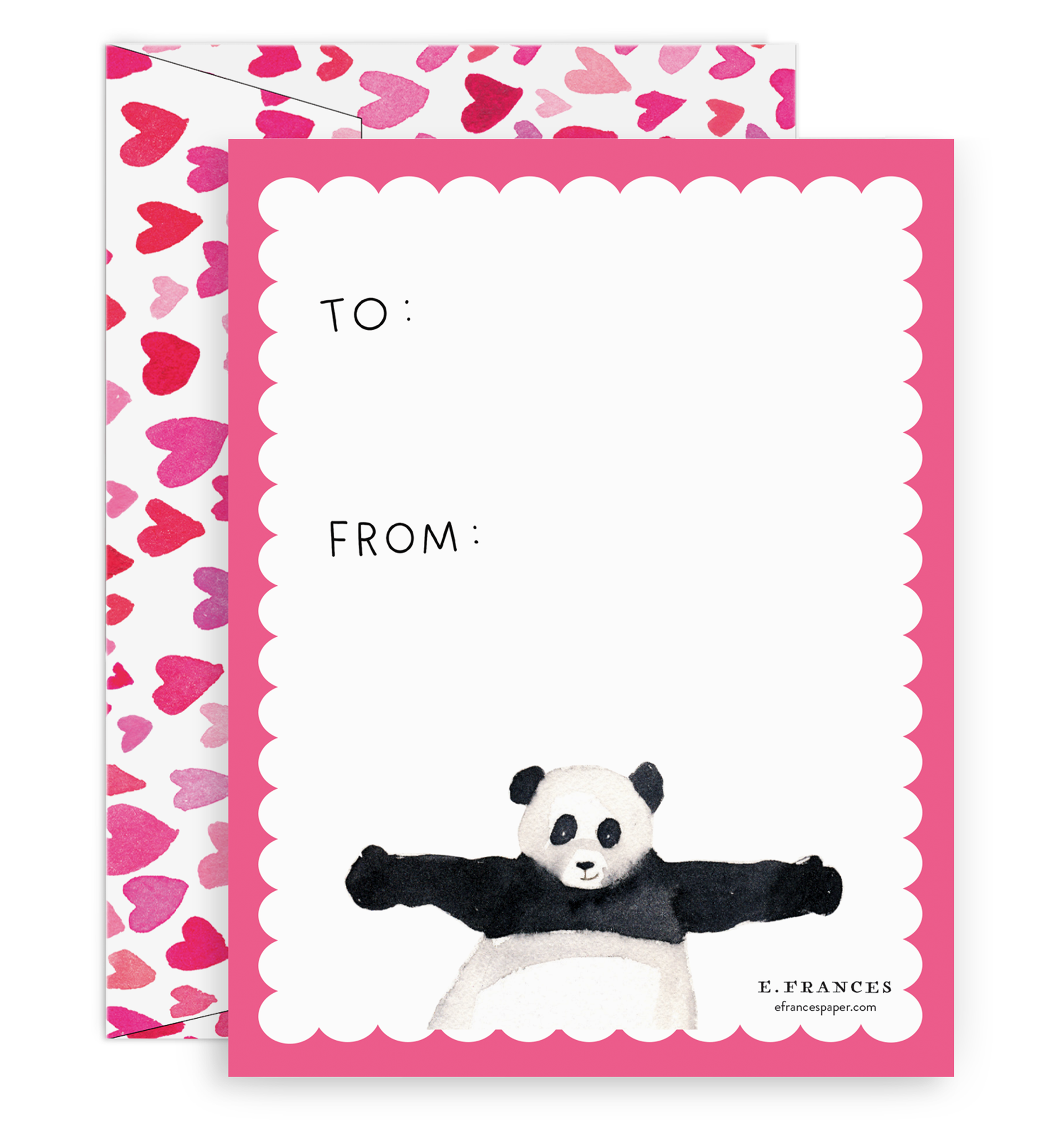 White background with red border and an image of a black and white panda with outstretched hands and black text says,”To:” and “From”. Envelope with red and pink hearts. 