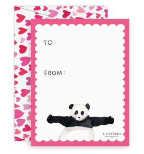 White background with red border and an image of a black and white panda with outstretched hands and black text says,”To:” and “From”. Envelope with red and pink hearts. 