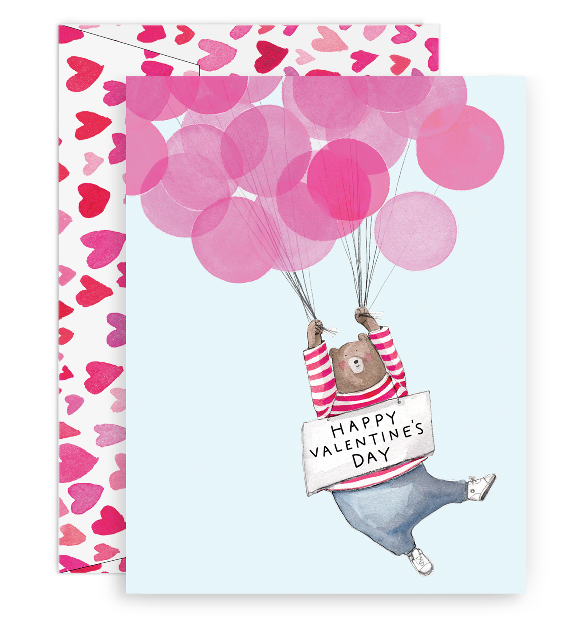 Light blue background with an image of a brown bear wearing a red and white striped shirt and blue pants with white sneakers holding a bunch of red and pink balloons in each hand. The bear has a sign around its neck with black text saying, ”Happy Valentine’s Day”. A white envelope with red and pink hearts on it.