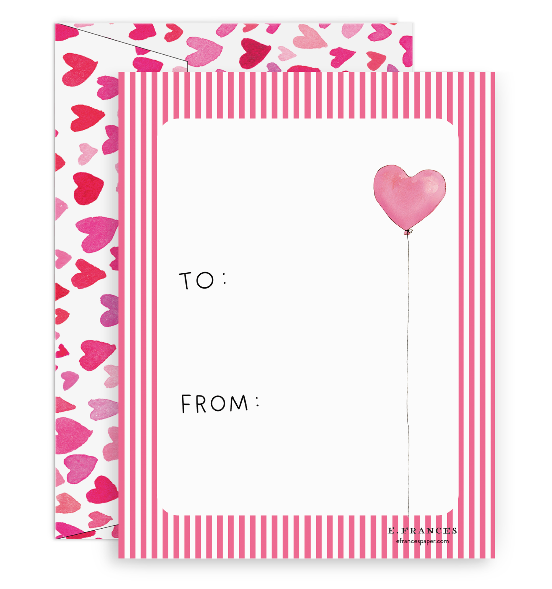 Red and white striped frame around white center. Image of a red heart balloon on the right of card and black text says, “To:, From:”. A white envelope with red and pink hearts is included. 