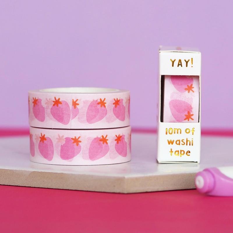 Decorative tape with white background with images of pink strawberries with a red stem.
