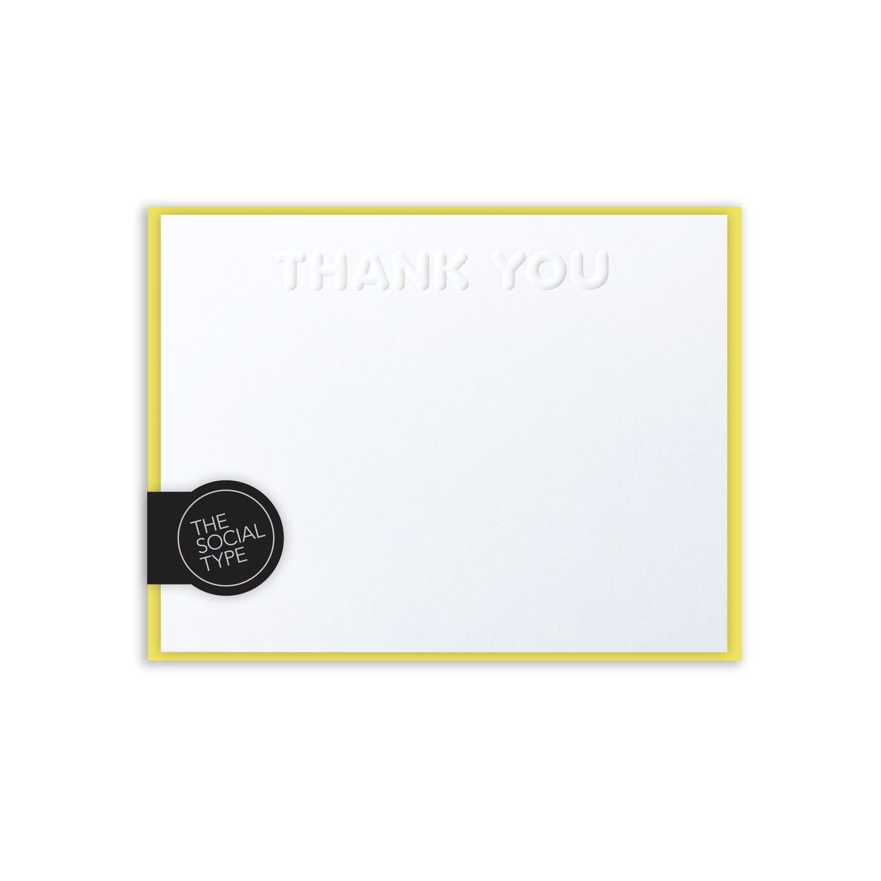 White card with embossed "thank you" and yellow envelopes.