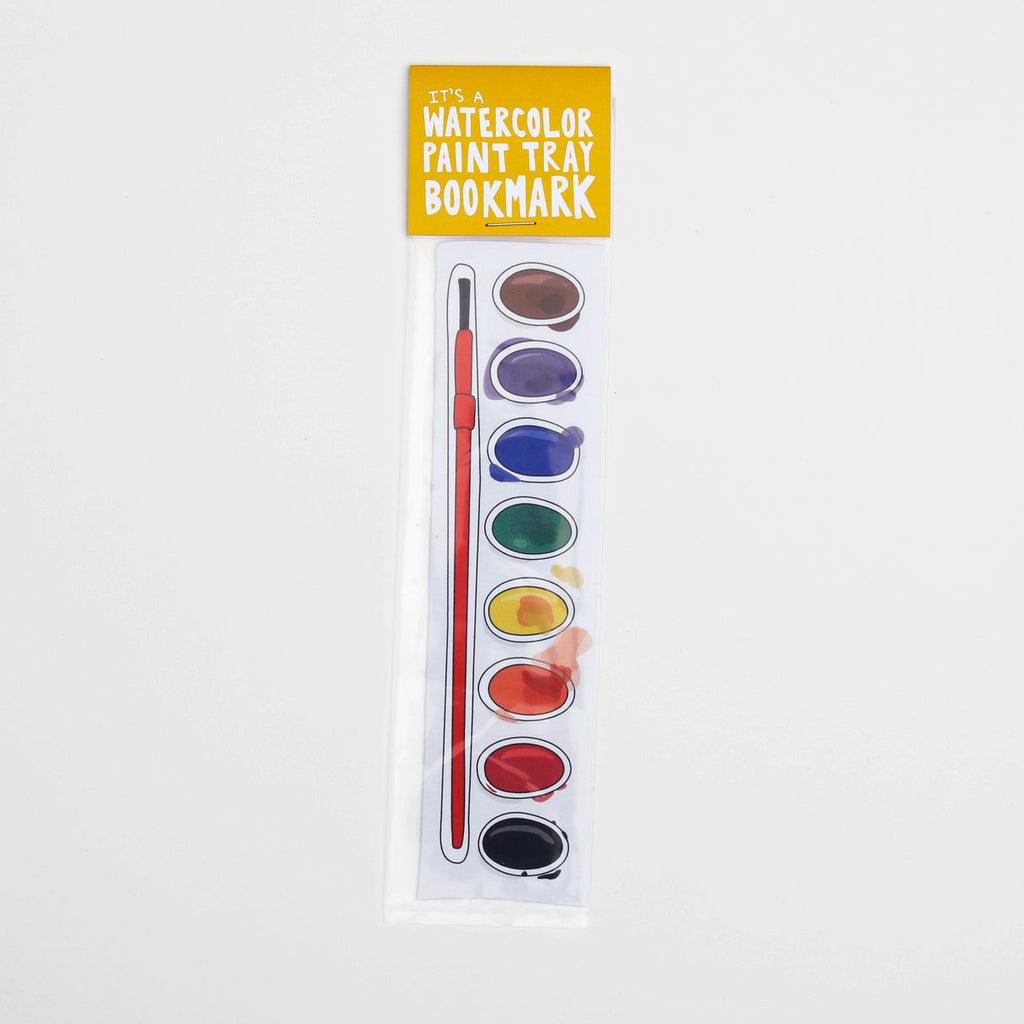 Image of a white watercolor paint tray with a red handled brush with red, black, orange, yellow, green, blue, purple, and brown. 