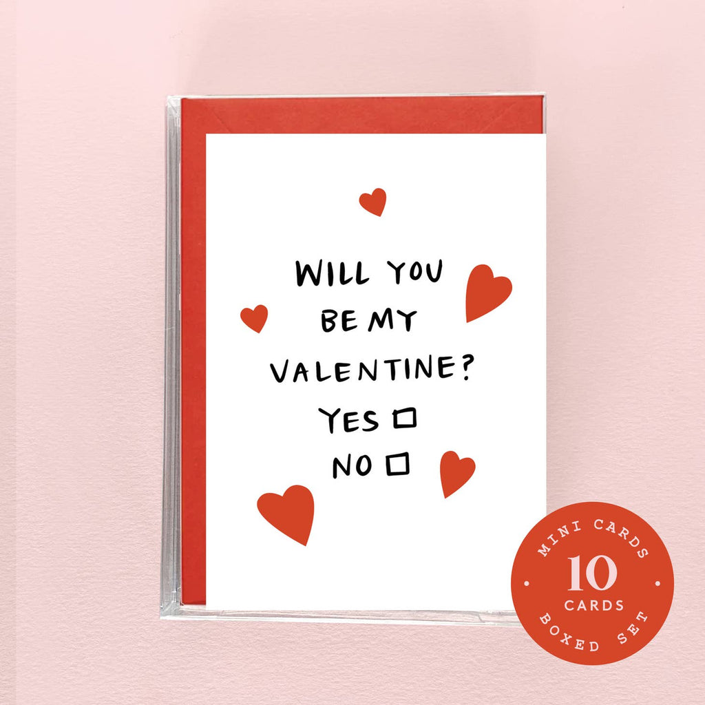 White background with black text says, "Will you be my valentine?" with checkboxes "Yes" and "no". Red envelopes included. 