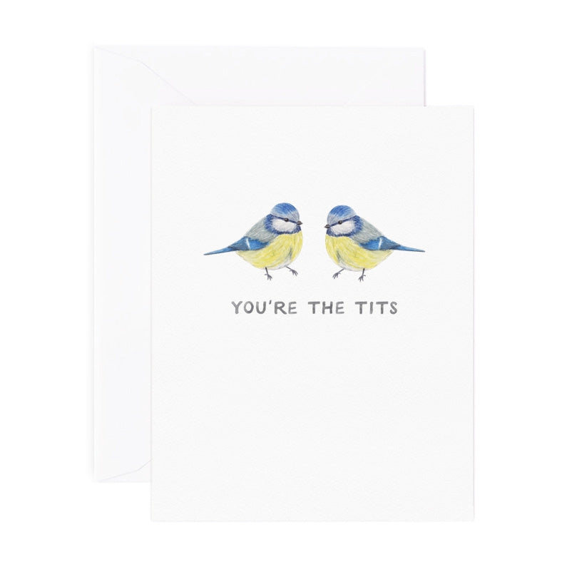 White card with black text saying, “You’re the Tits”. Images of two bluebirds. A white envelope is included.