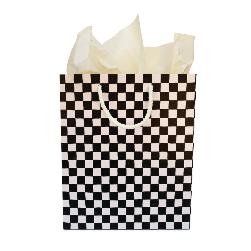 Black and white checkerboard pattern with white rope handle. 