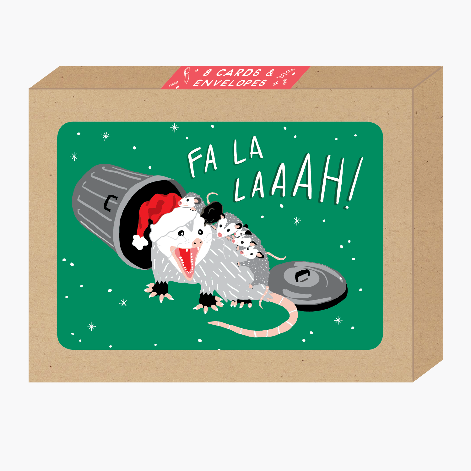 Green background with image of a grey possum with babies on its back and a Santa hat next to a grey trash can. White text says,” Fa La Laaah!”. Envelopes included. 