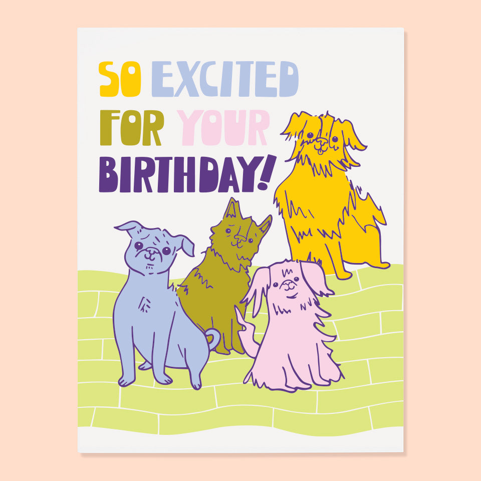 White card with multi color text saying, “So Excited For Your Birthday!” Images of multi colored dogs. An envelope is included.
