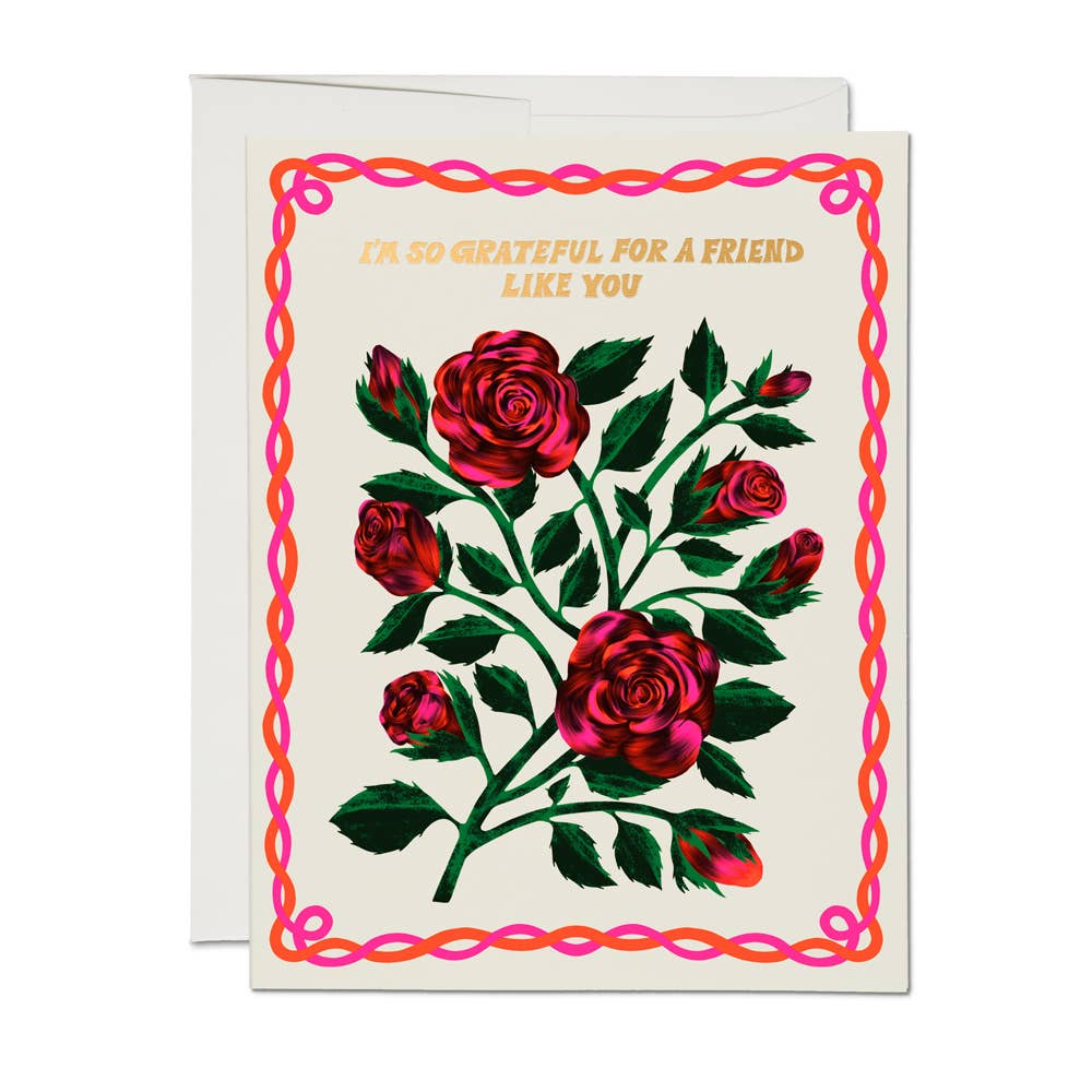 Ivory background with orange and pink interlaced rope border. Image of red roses with green stems and leaves and gold text says, “I’m so grateful for a friend like you”. A white envelope is included.           